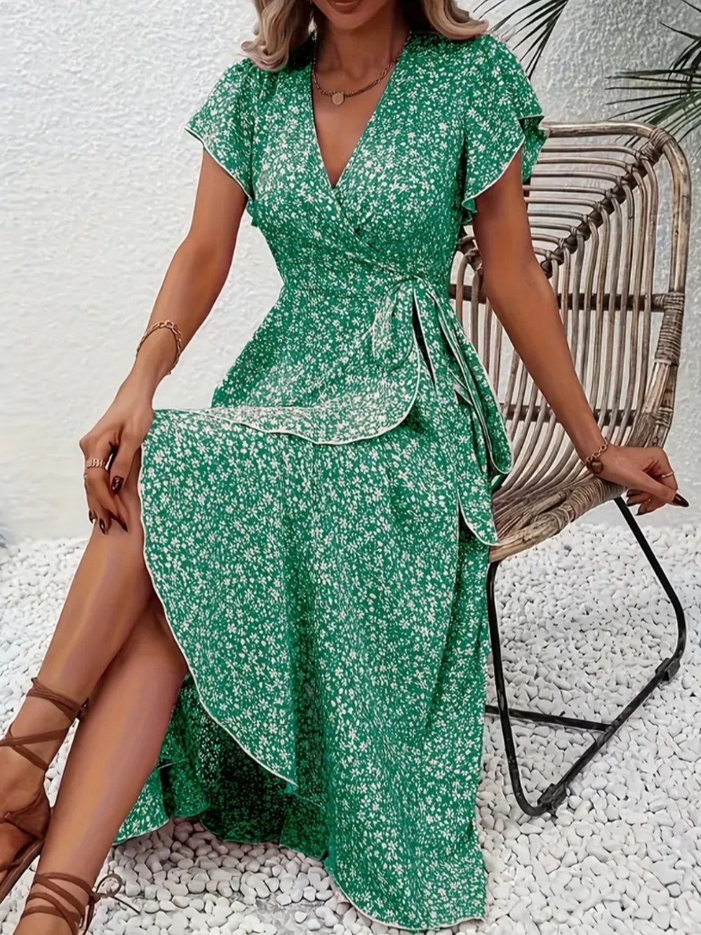 Floral Wrap Maxi Dress - Green